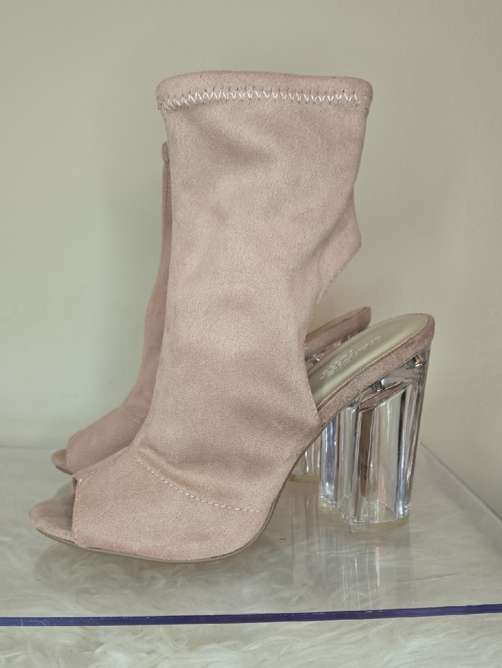 Charlotte Russe Blush Peep-Toe Sock Heel with Clear Block Heel